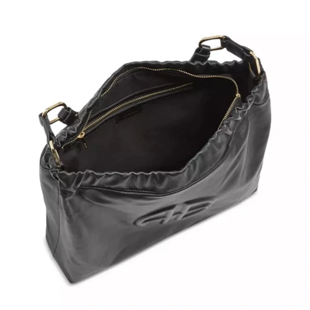 Anine Bing Black Leather Logo Hobo Bag with Gold Chain-Linked Strap